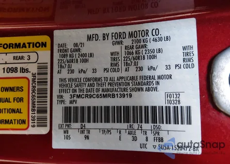 2021 Ford Bronco Sport Outer Banks from USA, damaged, VIN 3FMCR9C65MRB13919